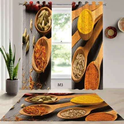 ست فرش و پرده پانچی آشپزخانه طرح ادویه