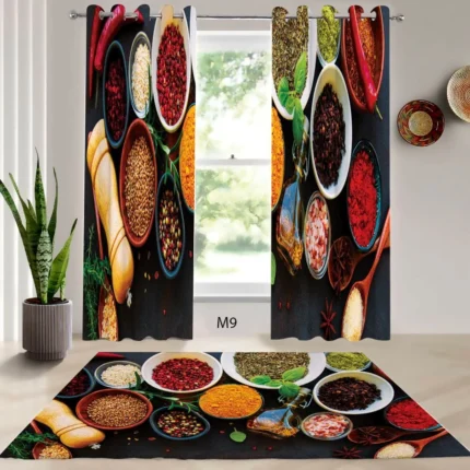 ست فرش و پرده پانچی آشپزخانه طرح ادویه