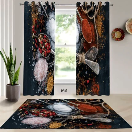 ست فرش و پرده پانچی آشپزخانه طرح ادویه