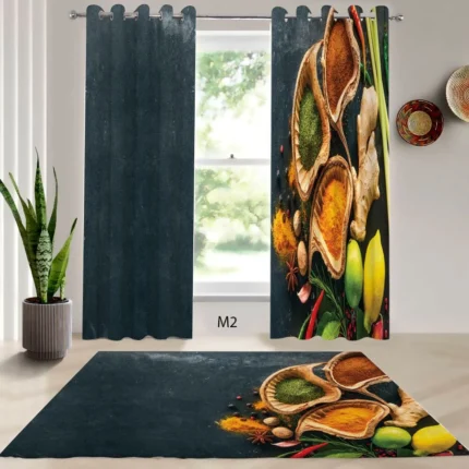 ست فرش و پرده پانچی آشپزخانه طرح ادویه