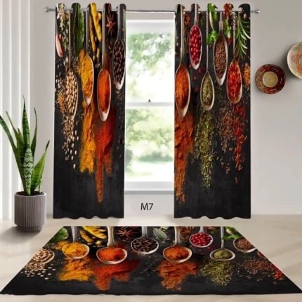ست فرش و پرده پانچی آشپزخانه طرح ادویه