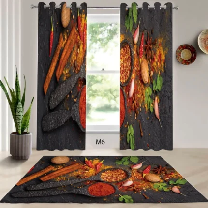 ست فرش و پرده پانچی آشپزخانه طرح ادویه